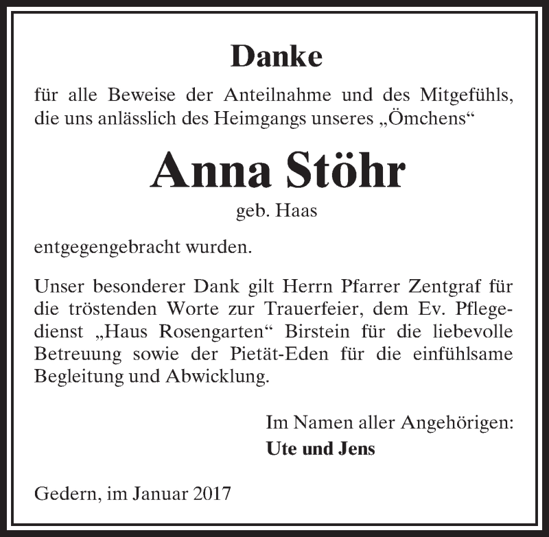  Traueranzeige für Anna Stöhr vom 14.01.2017 aus  Kreisanzeiger