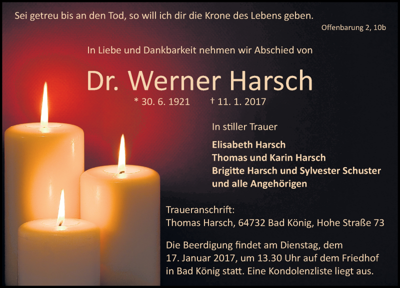  Traueranzeige für Werner Harsch vom 14.01.2017 aus Trauerportal Echo Online