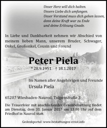 Traueranzeige von Peter Piela von Trauerportal Rhein Main Presse