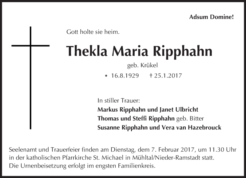  Traueranzeige für Thekla Maria Ripphahn vom 28.01.2017 aus Trauerportal Echo Online