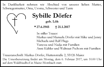 Traueranzeige von Sybille Dörfer von Trauerportal Rhein Main Presse