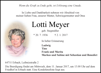 Traueranzeige von Lotti Meyer von Trauerportal Echo Online