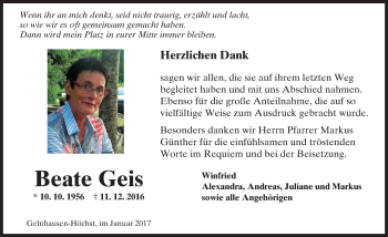 Traueranzeige von Beate Geis von  Gelnhäuser Tageblatt