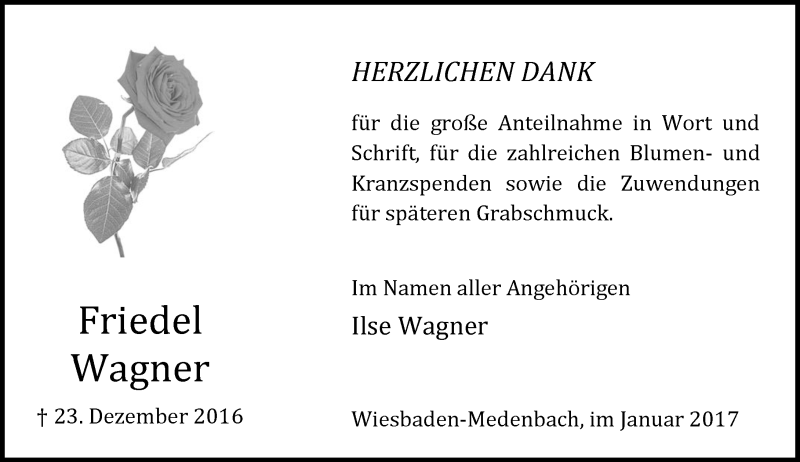  Traueranzeige für Friedel Wagner vom 28.01.2017 aus Trauerportal Rhein Main Presse