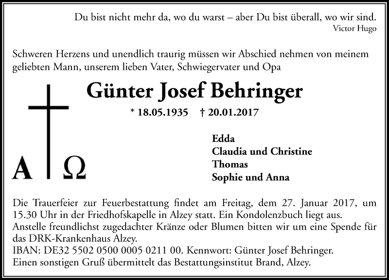  Traueranzeige für Günter Josef Behringer vom 23.01.2017 aus Trauerportal Rhein Main Presse