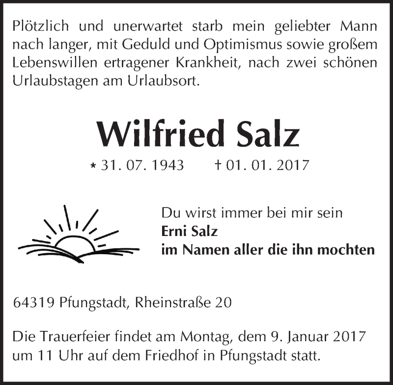  Traueranzeige für Wilfried Salz vom 05.01.2017 aus Trauerportal Echo Online