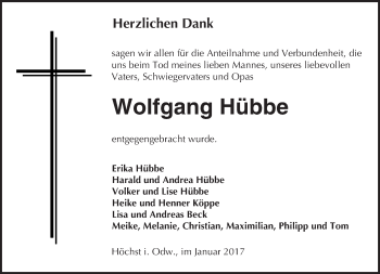 Traueranzeige von Wolfgang Hübbe von Trauerportal Echo Online