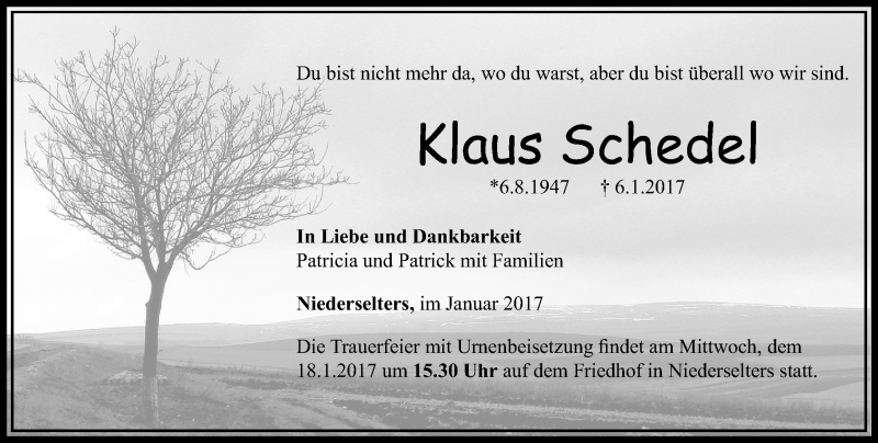  Traueranzeige für Klaus Schedel vom 12.01.2017 aus  Camberger Anzeiger