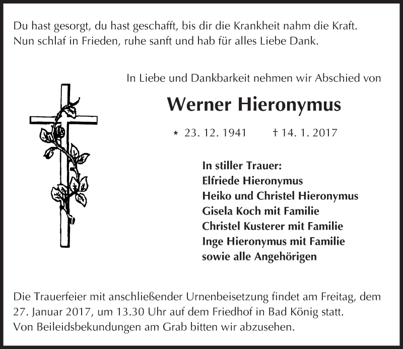  Traueranzeige für Werner Hieronymus vom 24.01.2017 aus Trauerportal Echo Online