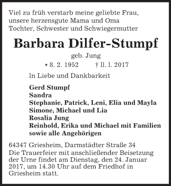 Traueranzeige von Barbara Dilfer-Stumpf von Trauerportal Echo Online