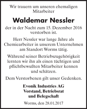 Traueranzeige von Waldemar Nessler von Trauerportal Rhein Main Presse
