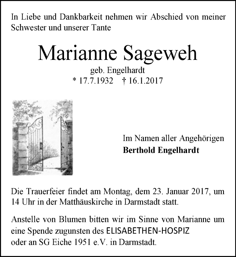  Traueranzeige für Marianne Sageweh vom 18.01.2017 aus Trauerportal Echo Online