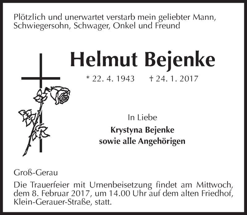  Traueranzeige für Helmut Bejenke vom 28.01.2017 aus Trauerportal Echo Online