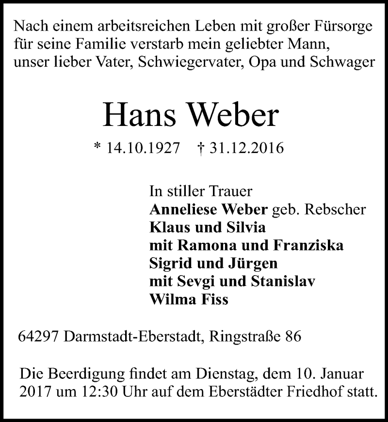  Traueranzeige für Hans Weber vom 07.01.2017 aus Trauerportal Echo Online