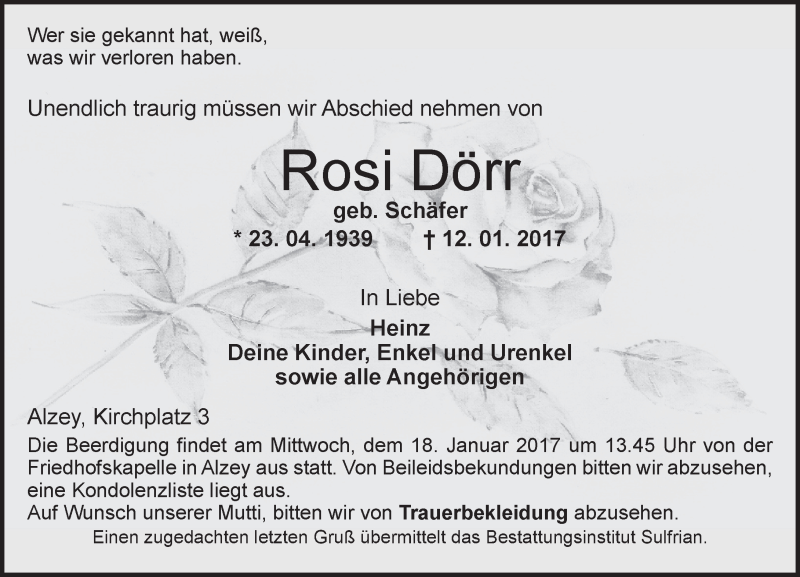  Traueranzeige für Rosi Dörr vom 16.01.2017 aus Trauerportal Rhein Main Presse