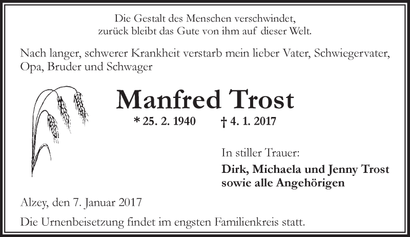  Traueranzeige für Manfred Trost vom 07.01.2017 aus Trauerportal Rhein Main Presse
