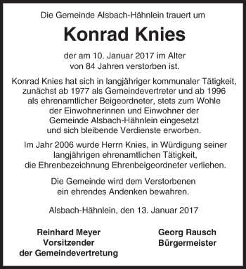 Traueranzeige von Konrad Knies von Trauerportal Echo Online