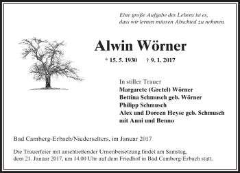 Traueranzeige von Alwin Wörner von  Camberger Anzeiger