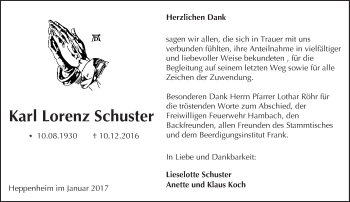 Traueranzeige von Karl Lorenz Schuster von Trauerportal Echo Online