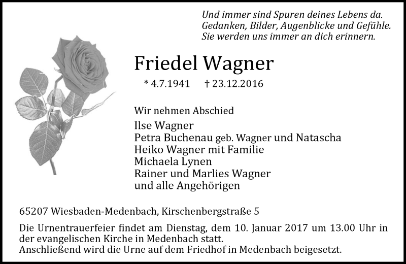  Traueranzeige für Friedel Wagner vom 04.01.2017 aus Trauerportal Rhein Main Presse