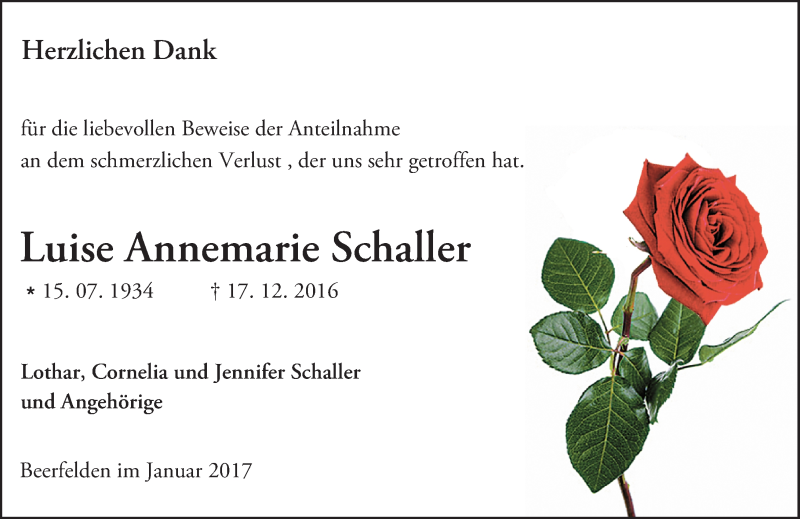  Traueranzeige für Luise Annemarie Schaller vom 04.01.2017 aus Trauerportal Echo Online