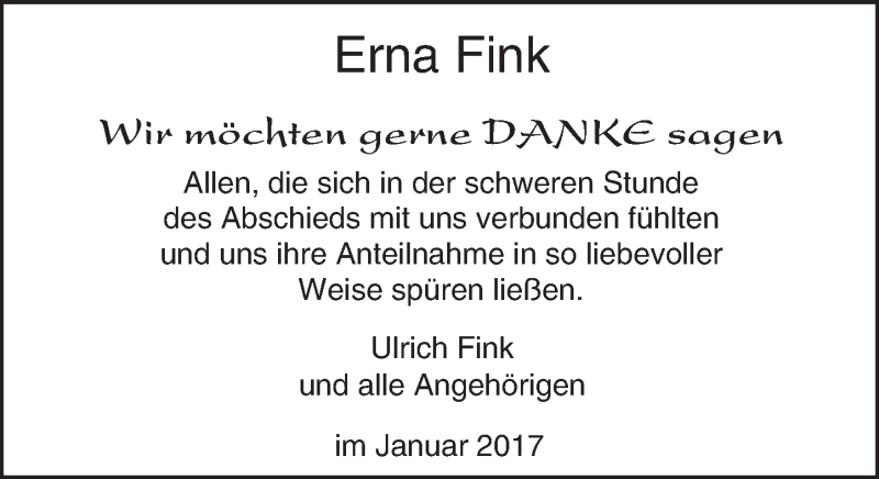  Traueranzeige für Erna Fink vom 28.01.2017 aus Trauerportal Echo Online