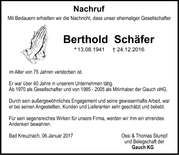 Traueranzeige von Berthold Schäfer von Trauerportal Rhein Main Presse