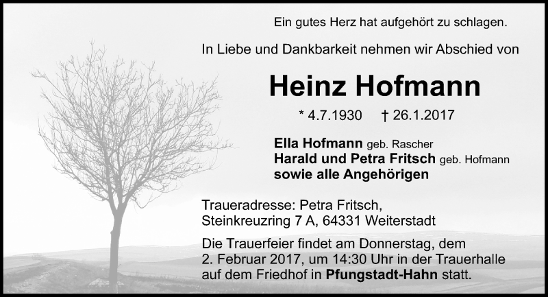  Traueranzeige für Heinz Hofmann vom 30.01.2017 aus 