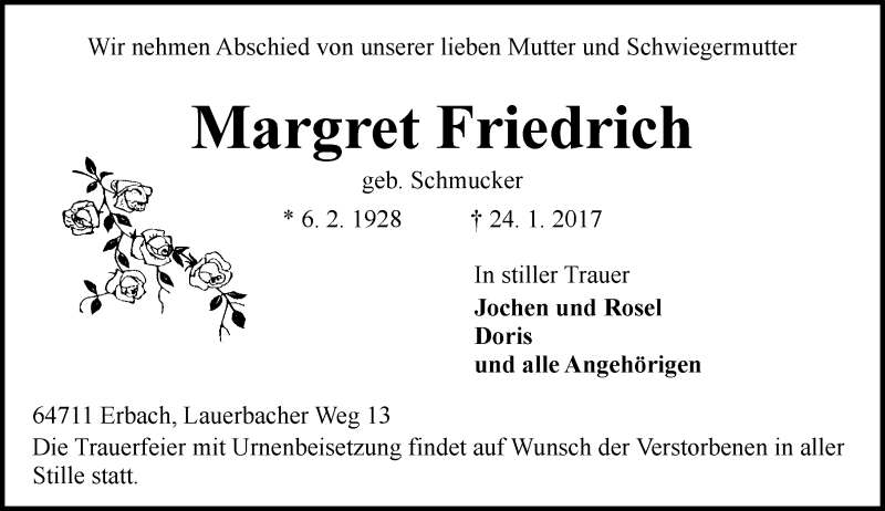  Traueranzeige für Margaret Friedrich vom 28.01.2017 aus Trauerportal Echo Online