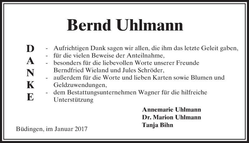 Traueranzeige für Bernd Uhlmann vom 28.01.2017 aus  Kreisanzeiger