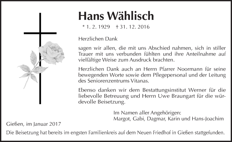  Traueranzeige für Hans Wählisch vom 21.01.2017 aus  Gießener Anzeiger