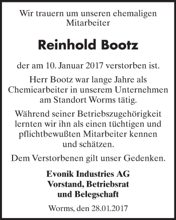 Traueranzeige von Reinhold Bootz von Trauerportal Rhein Main Presse