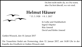 Traueranzeige von Helmut Häuser von  Gießener Anzeiger
