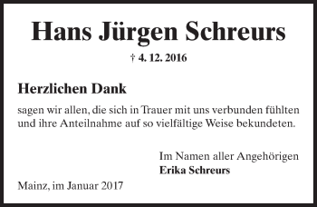 Traueranzeige von Hans Jürgen Schreurs von Trauerportal Rhein Main Presse