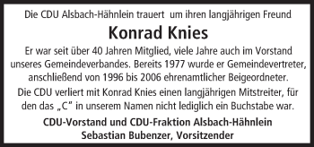 Traueranzeige von Konrad Knies von Trauerportal Echo Online