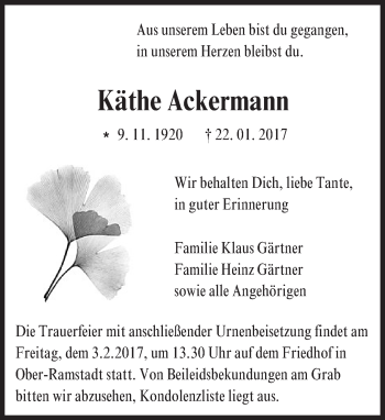 Traueranzeige von Käthe Ackermann von Trauerportal Echo Online