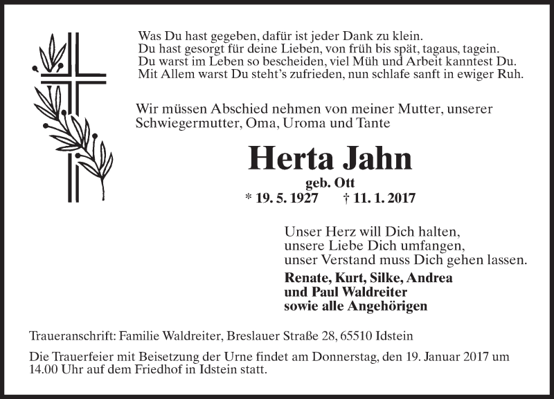  Traueranzeige für Herta Jahn vom 14.01.2017 aus Trauerportal Rhein Main Presse