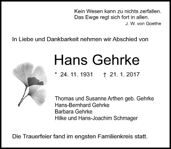 Traueranzeige von Hans Gehrke von Trauerportal Echo Online