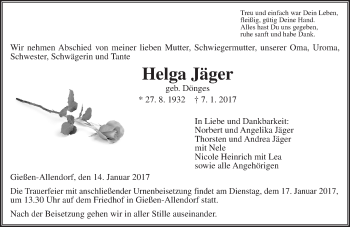 Traueranzeige von Helga Jäger von  Gießener Anzeiger