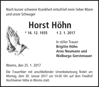 Traueranzeige von Horst Höhn von Trauerportal Rhein Main Presse