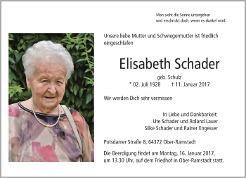 Traueranzeige von Elisabeth Schader von Trauerportal Echo Online