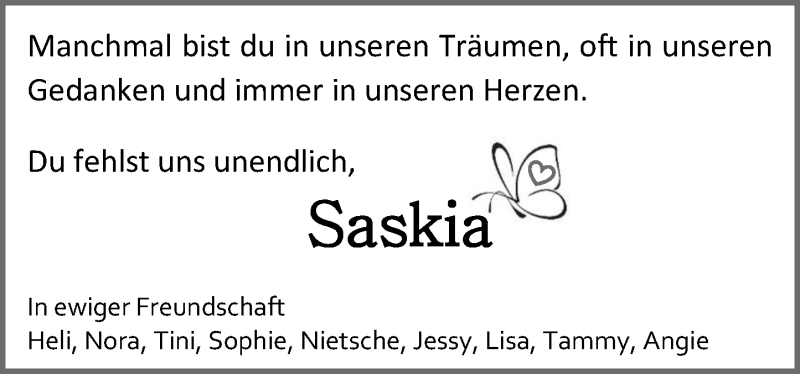  Traueranzeige für Saskia Schnarr vom 23.01.2017 aus  Kreisanzeiger