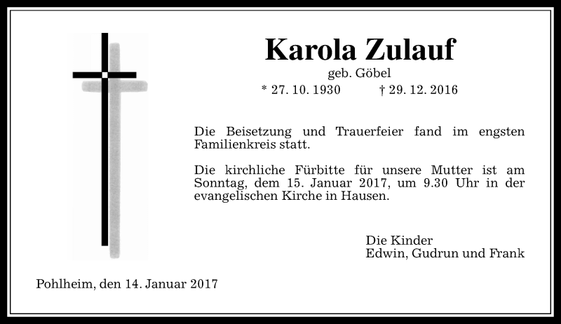  Traueranzeige für Karola Zulauf vom 14.01.2017 aus  Gießener Anzeiger
