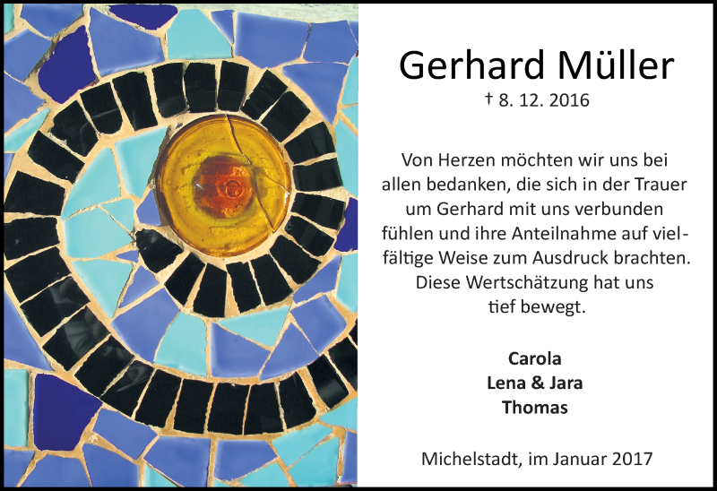  Traueranzeige für Gerhard Müller vom 07.01.2017 aus Trauerportal Echo Online