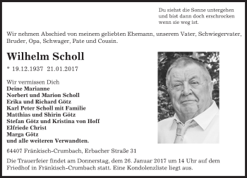 Traueranzeige von Wilhelm Scholl von Trauerportal Echo Online