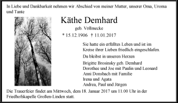 Traueranzeige von Käthe Demhard von Trauerportal Rhein Main Presse