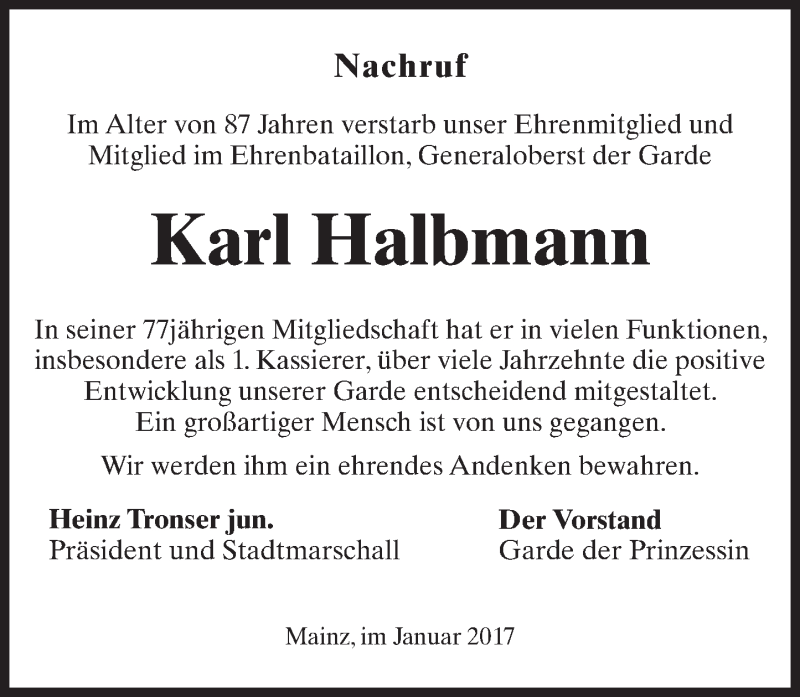  Traueranzeige für Karl Halbmann vom 11.01.2017 aus Trauerportal Rhein Main Presse