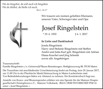 Traueranzeige von Josef Ringelstein von Trauerportal Rhein Main Presse