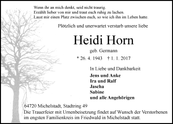 Traueranzeige von Heidi Horn von Trauerportal Echo Online