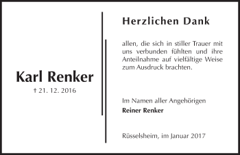 Traueranzeige von Karl Renker von Trauerportal Rhein Main Presse